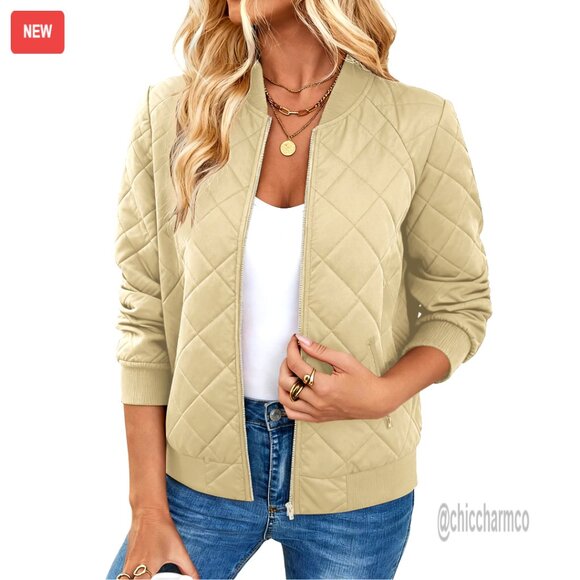 Jackets & Blazers - Quilted Lightweight Bomber Jacket Casual Zip Up Spring Fall Outerwear with